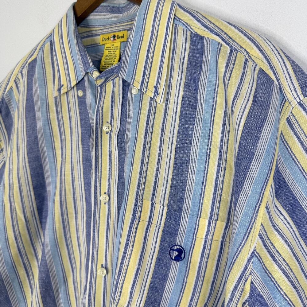 Duck Head Shirt Vintage Large Blue Yellow Stripe Linen Short Sleeve Button Mens